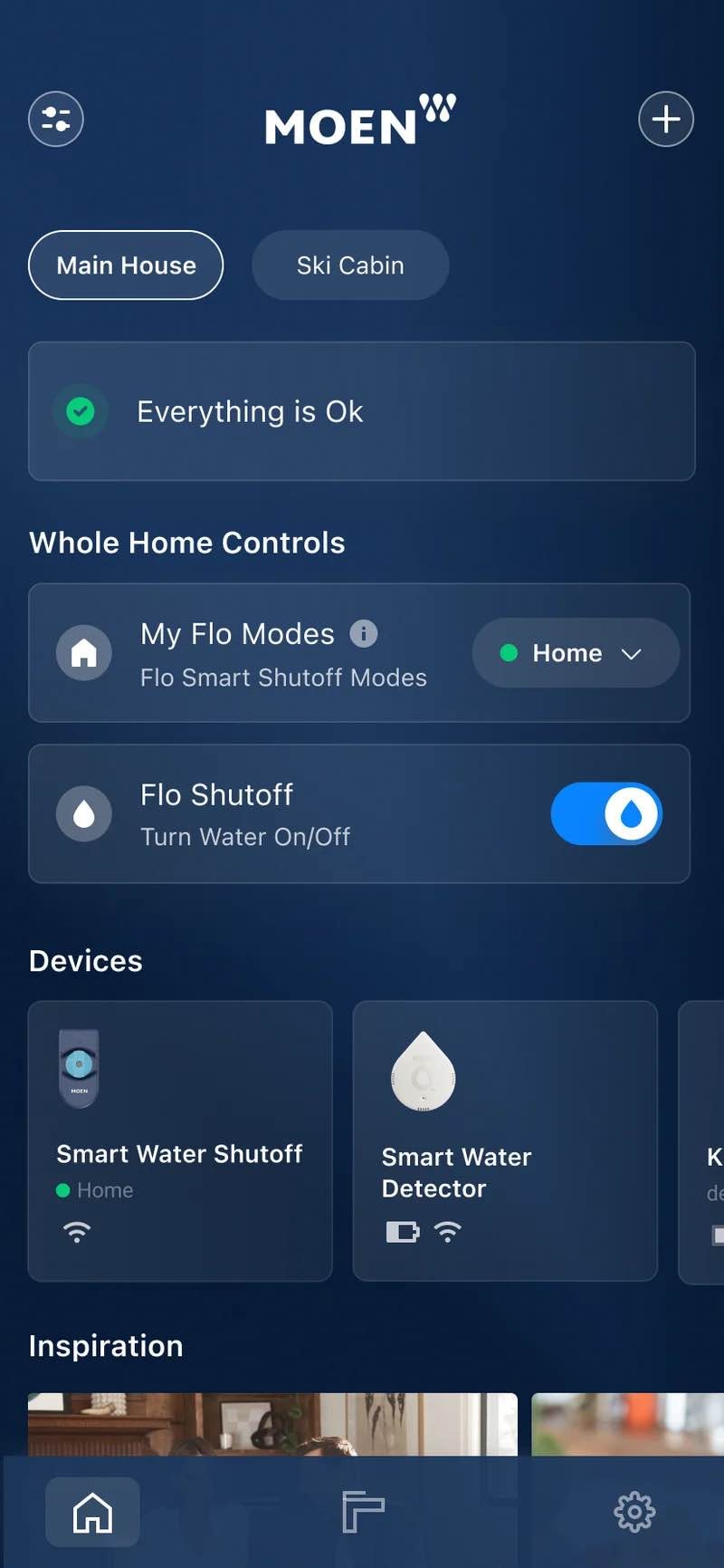 Moen Smart Water app interface showing leak detection and water usage